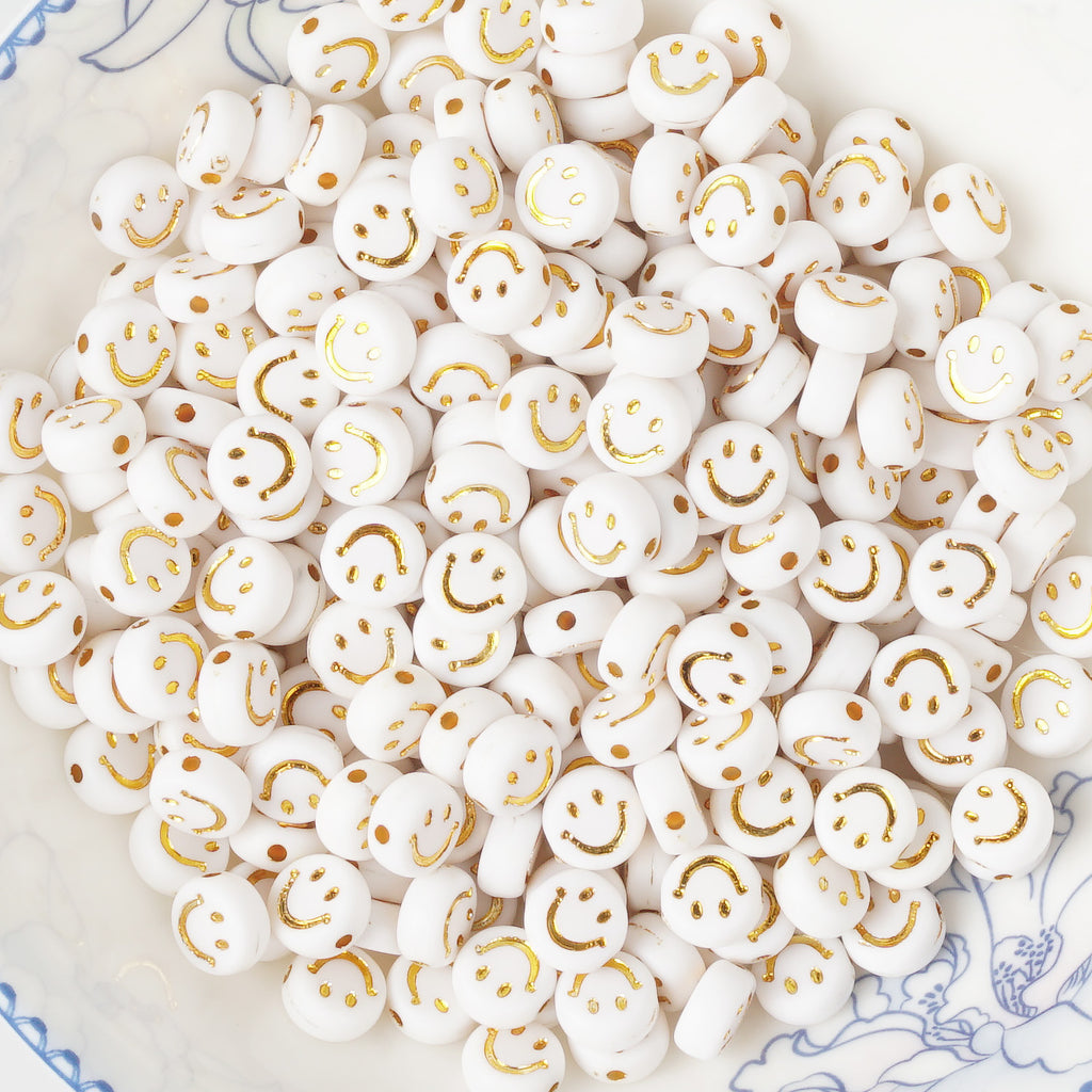 7*3mm White Acrylic Beads Gold Smile Face Flat Round Beads 100 Pcs/Bag 10346251