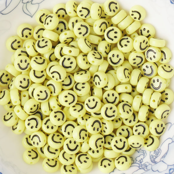 7*3mm Yellow Acrylic Beads Black Smile Face Flat Round Beads 100 Pcs/Bag 10346252