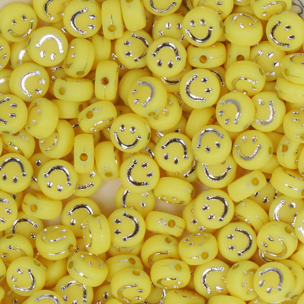 7*3mm Yellow Acrylic Beads Silver Smile Face Flat Round Beads 100 Pcs/Bag 10346253