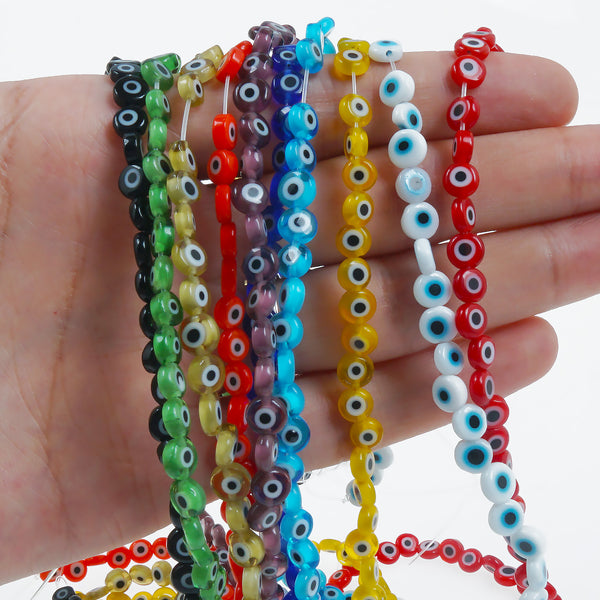 15" Strand 6/8/10/12MM Glass Evil Eye Flat Beads Round Glass Beads DIY Jewelry Beads Multiple Colors 65pcs 103759