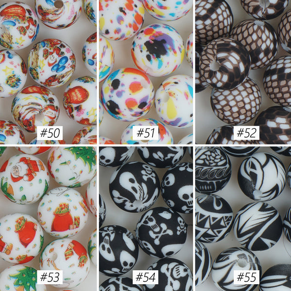 12mm Round Silicone Beads Silicone Colorful/Christmas/Snakeskin/Skull Pattern Beads 10pcs 103851
