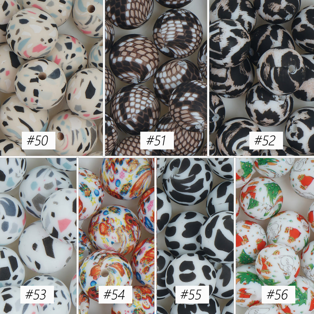 15mm Round Silicone Beads Silicone Colorful/Christmas/Leopard/Skull Pattern Beads 10pcs 103852