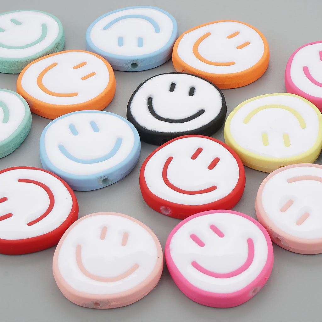 25mm Disc Enamel Smile Face Acrylic Beads,Surface Spray Paint,Easy Jewelry Making,Kawaii Beads,10 Pieces/lot