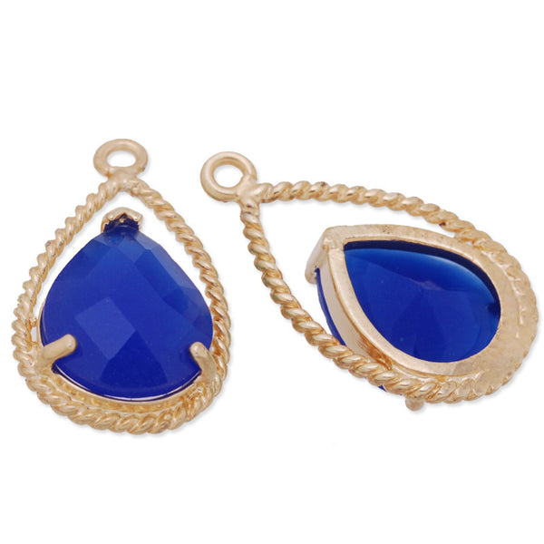 11.5x20mm matt gold plated framed glass,Faceted glass,royal blue,connectors,gemstone bezel,Sold 5pcs/lot
