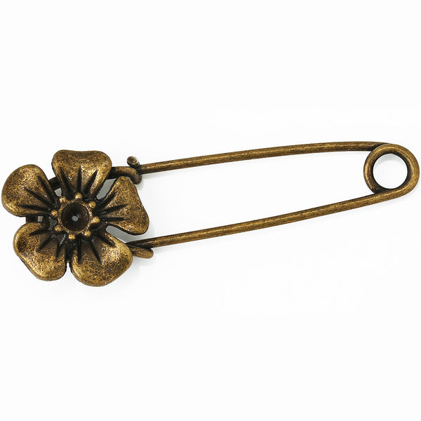 10 Antique Bronze Vintage Flower Brooch Safety Pins brooch pin for Garment Accessories 20x50mm