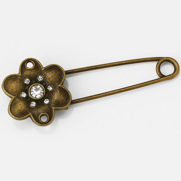 10 Antique Bronze Vintage Flower Brooch Safety Pins brooch pin for Garment Accessories 20x50mm