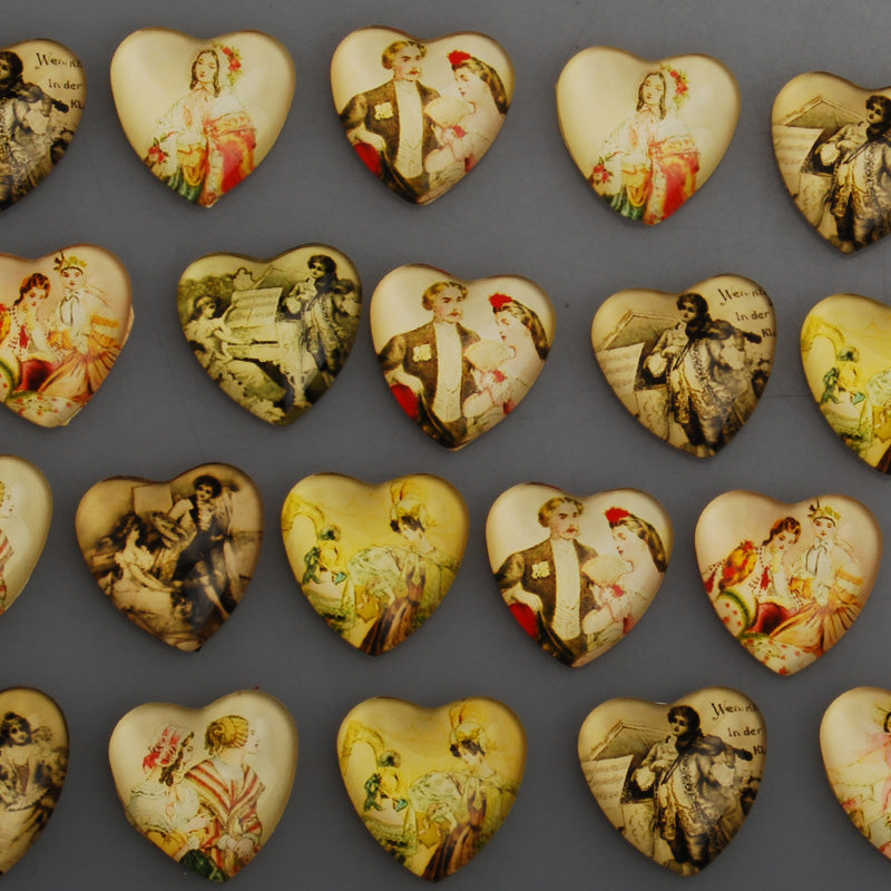 25MM Art Paintings Pattern Glass Cabochons,Heart Glass Cabochons,Flat Back,thickness 6mm,Sold 20 pieces/lot