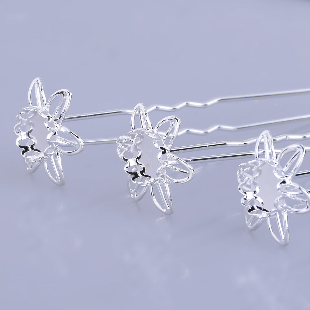 75mm U style Hairpin with 10mm Cameo Base Clips Hair Bobby U Pins Prom Hair Pins Hair Fork silver 10pcs