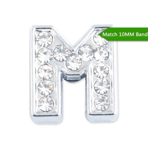 10MM Letter "M" Slider Charms,Crystal Rhinestones Alphabets Beads,Silver Plated,Match 10mm Band or Slider Bracelet;sold 50pcs per pkg