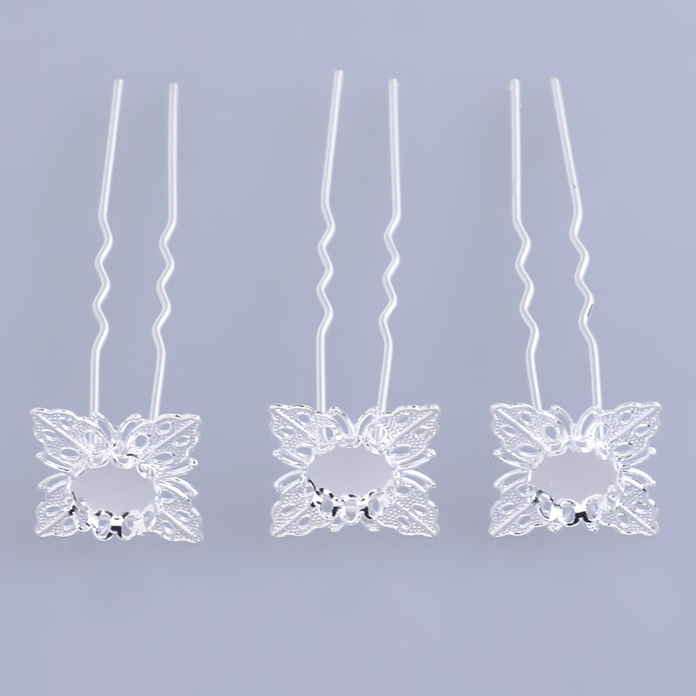 75mm U shape Wedding hair pin with 10mm Cameo Base Clips Prom Hair Pins Hair accessories silver 10pcs