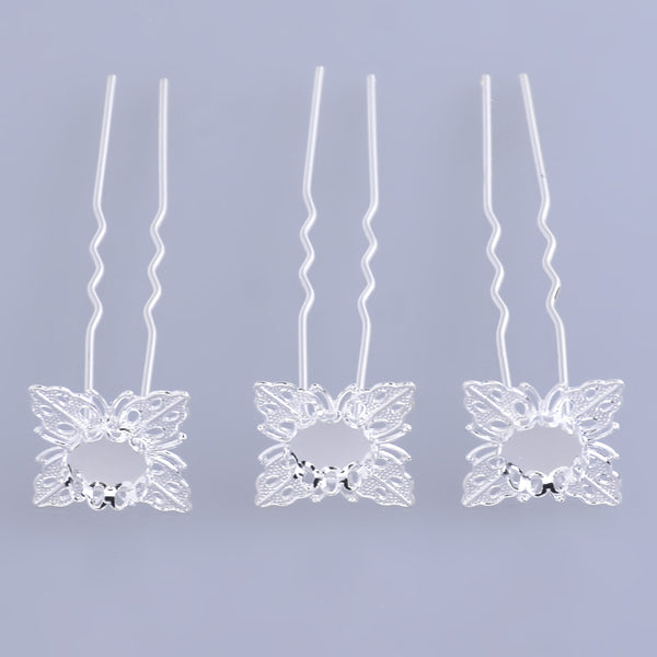 75mm U shape Wedding hair pin with 10mm Cameo Base Clips Prom Hair Pins Hair accessories silver 10pcs