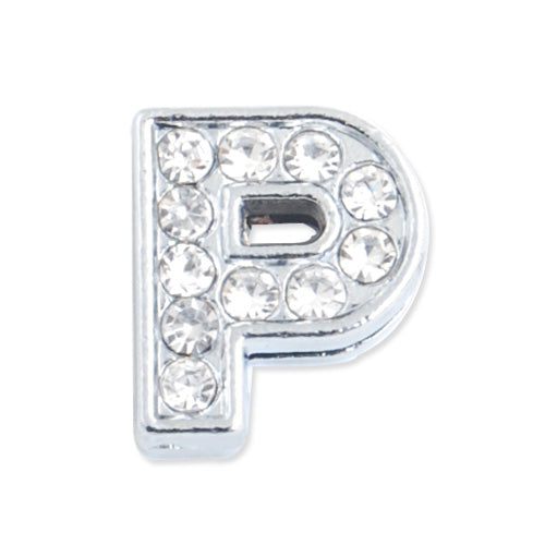 12*10*5 MM Clear Crystal Rhinestone Letter "P" Slider Charm Beads,Hole Sizes:8*2 MM,Silver Plated,lead Free and Nickel Free,Sold 50 PCS Per Package