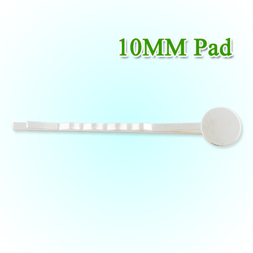 55*10MM Silver Plated Brass Bobby Pin With pad,fit 10mm glass cabochon,sold 50pcs per package