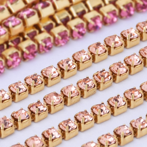 SS6 Champagne Rhinestone Chain Various Colors Crystal Compact Close Gold Chain wedding DIYs 3.6Meters