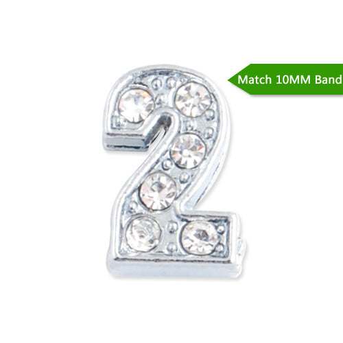 10MM Number "2" Slider Charms,Crystal Rhinestones Number Beads,Silver Plated,Match 10mm Band or Slider Bracelet;sold 50pcs per pkg