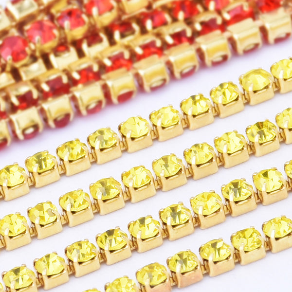 SS6 Citrine Rhinestone Chain Various Colors Crystal Compact Close Gold Chain wedding DIYs 3.6Meters