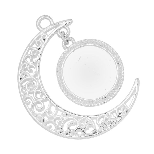 Crescent Pendant With16mm Round Bezel Setting Blanks,Silver Pendant Base,zinc alloy,20pcs/lot