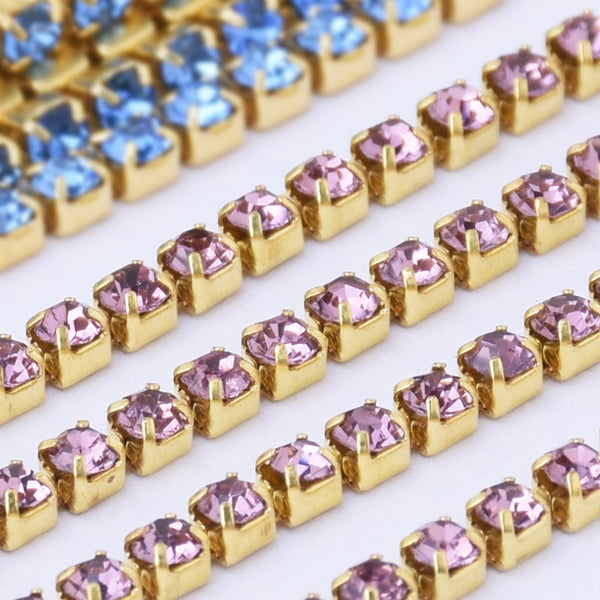 SS6 Light Purple Rhinestone Chain Various Colors Crystal Compact Close Gold Chain wedding DIYs 3.6Meters