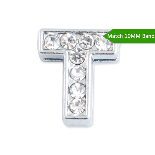 10MM Letter "T" Slider Charms,Crystal Rhinestones Alphabets Beads,Silver Plated,Match 10mm Band or Slider Bracelet;sold 50pcs per pkg