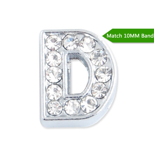 10MM Letter "D" Slider Charms,Crystal Rhinestones Alphabets Beads,Silver Plated,Match 10mm Band or Slider Bracelet;sold 50pcs per pkg
