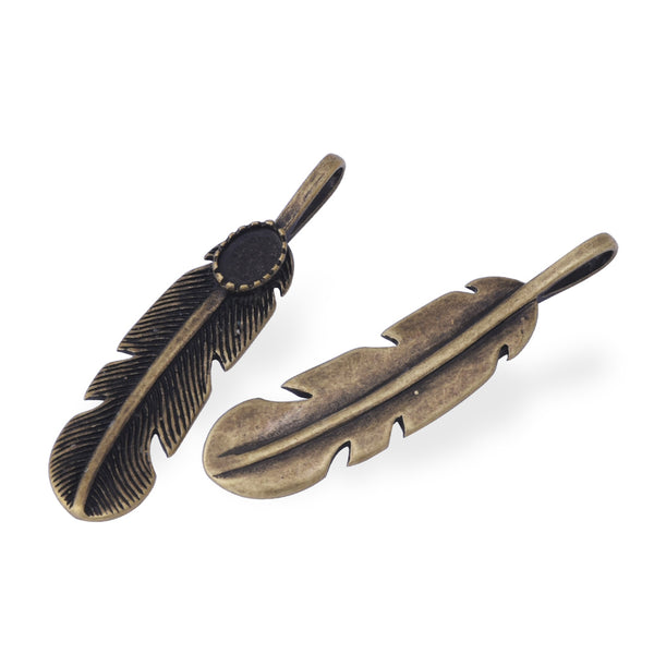 5 pcs Antique Bronze Feather Charms Single Sided 44x9mm Cabochon Bezel,Diy Jewelry Making Supplies