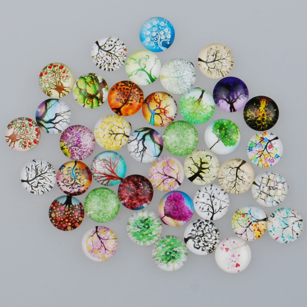 10MM Round colorful glass cabochons with mixed cartoon trees,Photo glass cabochons,flat back,thickness 4mm,50 pieces/lot