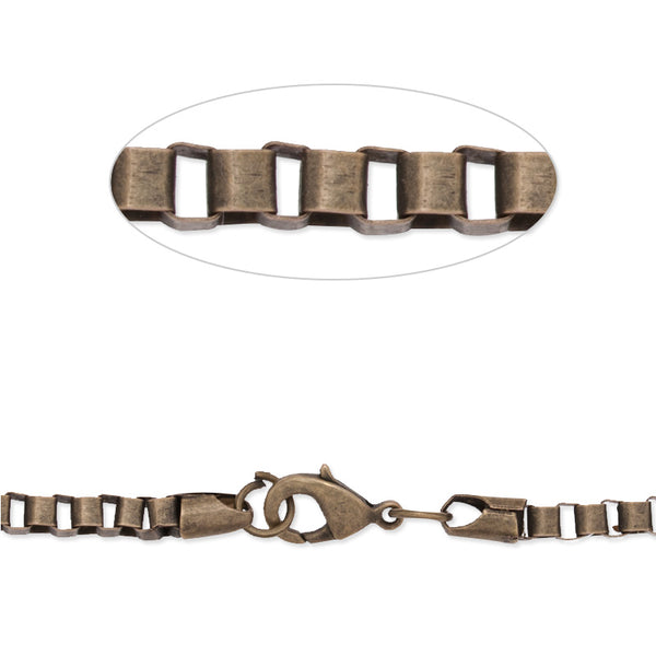 24 inch long Box necklace chain for pendant,4x3mm link size,Lobster Clasp end,Brass chain,antique bronze plated,20pcs/lot