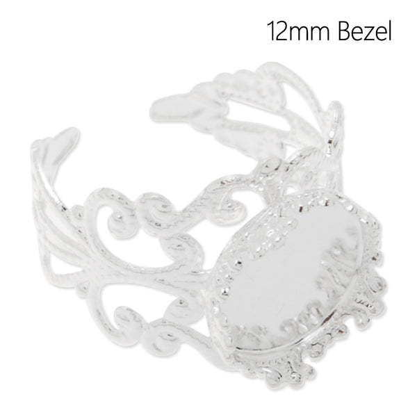 12 MM Princess Filigree Adjustable Ring Base,Brass filled,Silver plated,20 pieces/lot