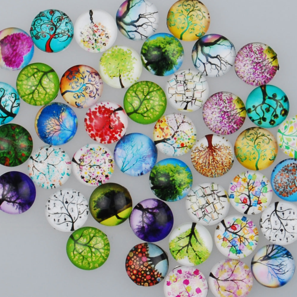12MM Round pattern glass cabochons with mixed colorful tree,photo glass cabochon,flat back,thickness 4.5mm,50 pieces/lot