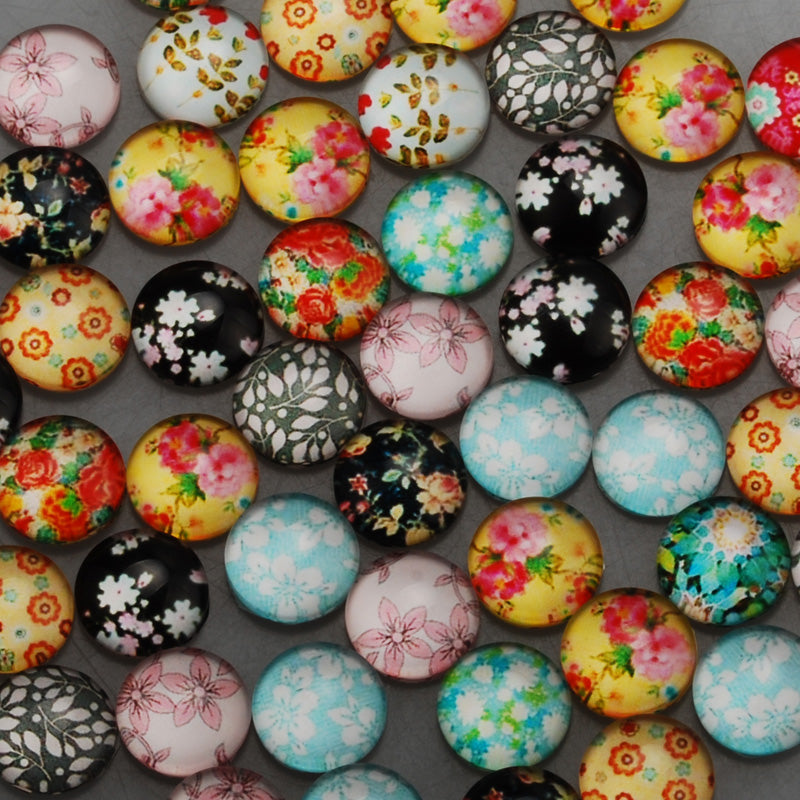 12mm Round glass cabochons,flower pattern glass cabochon,flat back,thickness 4.5mm,50 pieces/lot