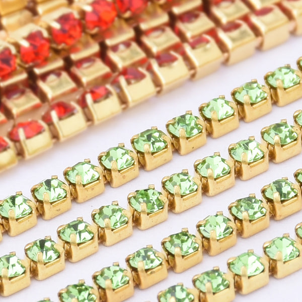 SS6 Light Green Rhinestone Chain Various Colors Crystal Compact Close Gold Chain wedding DIYs 3.6Meters