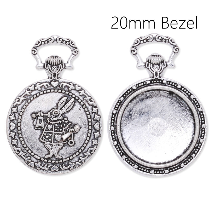 20mm Round pocket watch pendant tray with rabbit in the back,Zinc alloy filled,Antique Silver plated,20pcs/lot