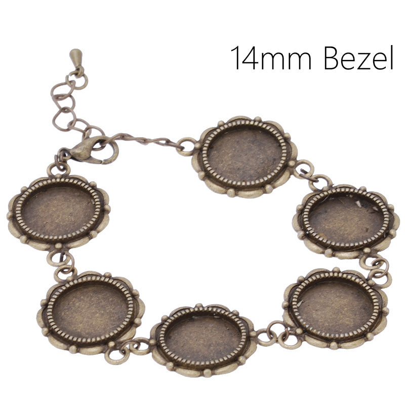 Round Bracelet Blanks with Chain and Clasp,6 pcs 14mm Round Bezel,Zinc Alloy filled,Antique Bronze,length:24cm,5pcs/lot