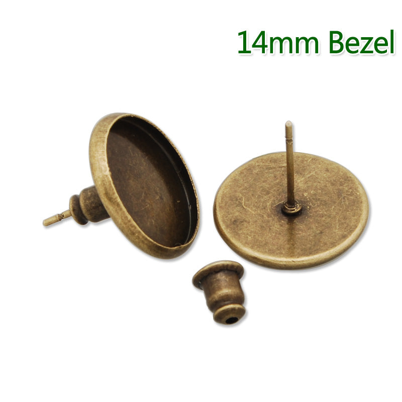 14MM Antique Bronze plated stud earring,Round Back,fit 14mm glass cabochon;sold 50pcs per package