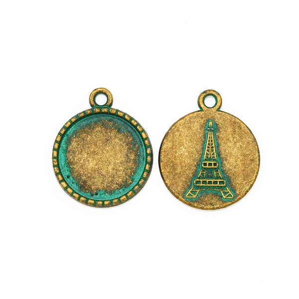 18mm Verdigris Patina Pendant Setting,Jewelry Pendant Bezel,Cameo Tower on Back,Pendant Fingdings,Thickness 2mm,sold 20pcs/lot