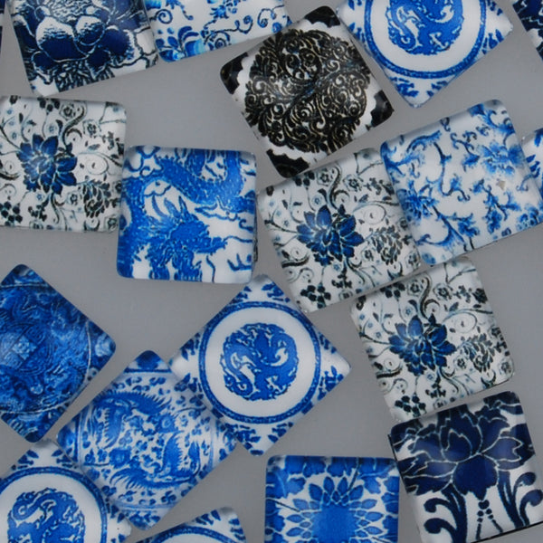 12MM Square Colorful glass cabochons,Mix china Blue and white porcelain pattern glass cabochons,flat back,thickness 4mm,50 pieces/lot