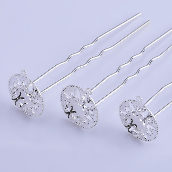 75mm U Shape Hair Pins with 10mm Cameo Base Clips Bridal bridesmaid hair pin Hair accessories silver 10pcs
