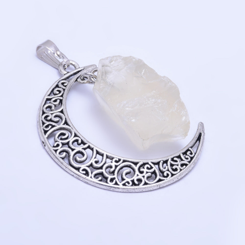 1 Yellow 36mm Hollow Moon Shape Irregular Natural Stone Healing Fashion Jewelry Charm Rose Quartz Crystal High Quality Necklace Pendant