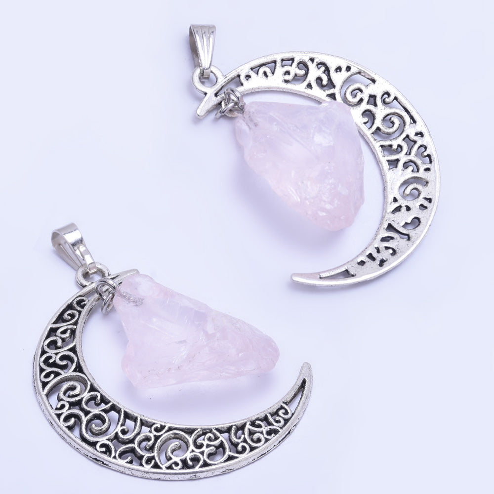 1 Pink 36mm Hollow Moon Shape Irregular Natural Stone Healing Fashion Jewelry Charm Rose Quartz Crystal High Quality Pendant