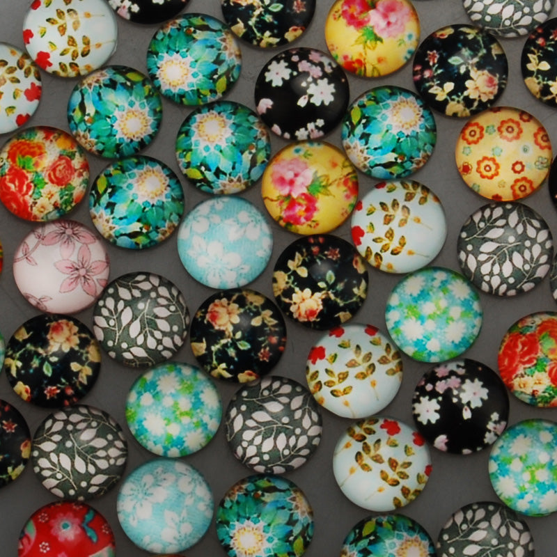 14mm Round glass cabochons,colorful plant pattern glass cabochon,flat back,thickness 4.5mm,50 pieces/lot