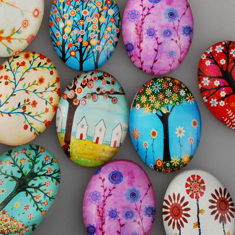 30*40mm Oval transparent pattern glass cabochons with mixed Trees,flat back,thickness 8mm, 10 pieces/lot