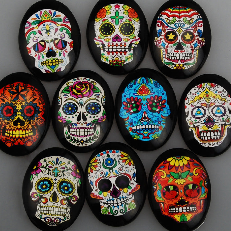 30x40MM oval pattern glass cabochons with mixed skull,flat back,thickness 8mm,10 pieces/lot