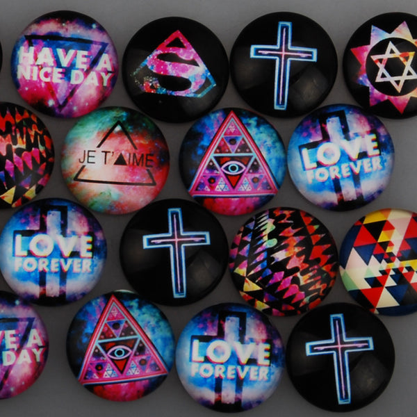 25MM Round pattern glass cabochons with mixed luckly symbol,flat back,thickness 6.5mm,20 pieces/lot