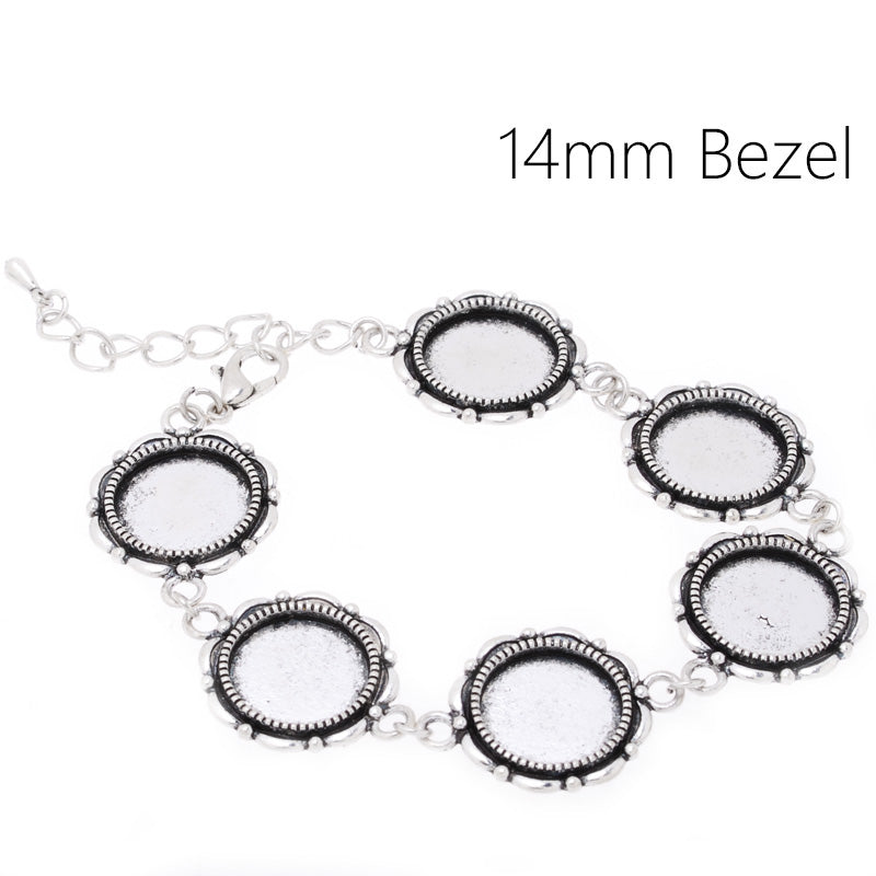 Round Bracelet Blanks with Chain and Clasp,6 pcs 14mm Round Bezel,Zinc Alloy filled,Antique Silver,length:24cm,5pcs/lot