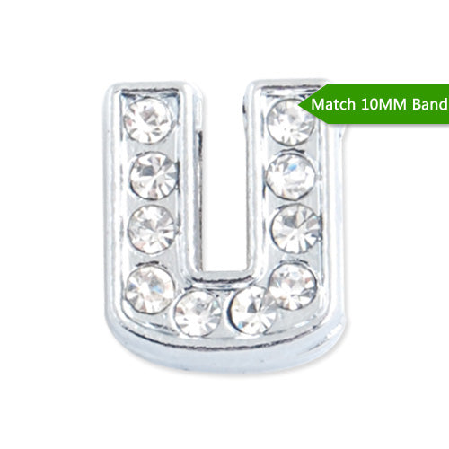 10MM Letter "U" Slider Charms,Crystal Rhinestones Alphabets Beads,Silver Plated,Match 10mm Band or Slider Bracelet;sold 50pcs per pkg