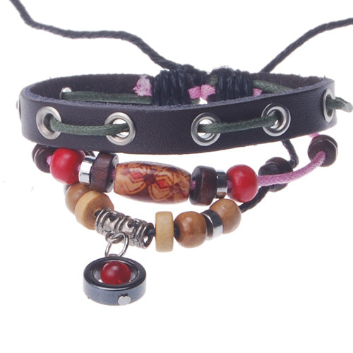 2013-2014 Summer hot sale promotional gifts Hematite small circle pendant beaded hand-woven  leather bracelet,Black,sold 10pcs per pkg