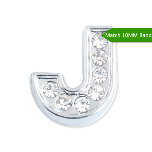 10MM Letter "J" Slider Charms,Crystal Rhinestones Alphabets Beads,Silver Plated,Match 10mm Band or Slider Bracelet;sold 50pcs per pkg