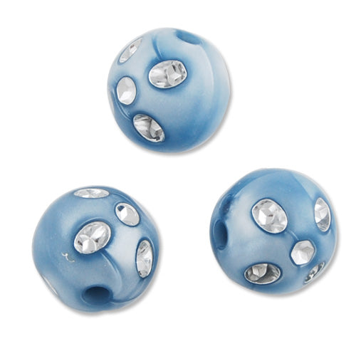 14MM Round Acrylic Pearl Bling Beads With Silver Rhinestone Accents,Aquamarine,Hole Size 3MM,Sold 500 Grams Per Package,Approx 330 PCS