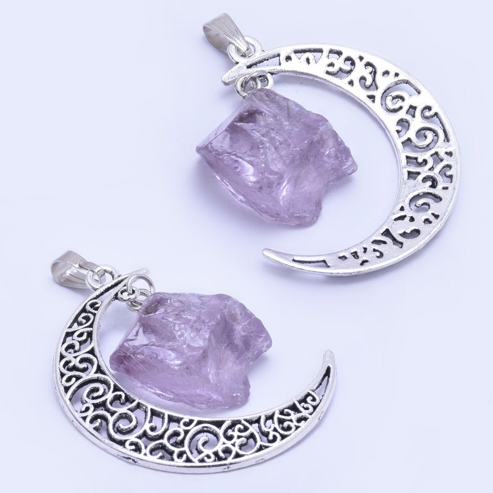 1 Purple 36mm Hollow Moon Shape Irregular Natural Stone Healing Fashion Jewelry Charm Rose Quartz Crystal High Quality Pendant