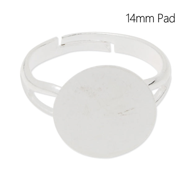 Adjustable cuff Ring with 14MM Round Pad,Easy used,Brass filled,Silver plated,20 Pieces/lot